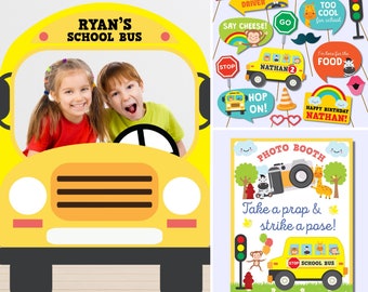 Wheels on the Bus Photo Booth Kit, Yellow School Bus Party Props (Printable)