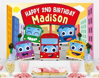 Roues sur la toile de fond d'anniversaire de bus, bannière de fête modifiable (imprimable)