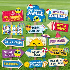 Summer Pool Party Directional Signs Printable/ Beach Party Signs/ Water Slides Party Decor Editable Printables