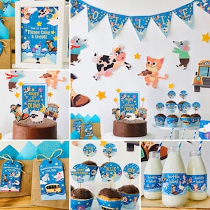 Op de afbeelding: Een eerste verjaardagsfeestje met een blauw-wit kleurenschema. De decoraties bevatten een schoolbus, boerderijdieren en sterren. Er zijn cupcakes met toppers die "Ollie" en "Eén" zeggen. Er zijn ook bedanktasjes met kaartjes die zeggen "Bedankt voor het komen, Liefs, Ollie".