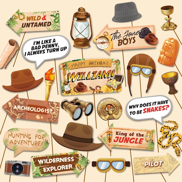 Indiana Jones Party Photo Booth Props/ Adventure Explorer Party Photo Props Editable Printable