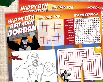 May include: A printable party game featuring a black and white illustration of a gorilla, a maze, a tic-tac-toe board, and a word search puzzle. The text "Happy 8th Birthday Jordan" is at the top of the page.