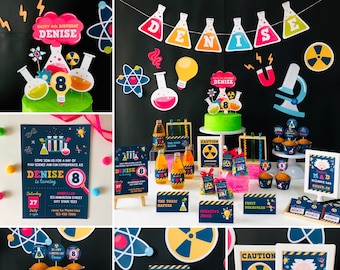 Kit di stampabili per una festa di compleanno a tema scientifico in rosa (testi modificabili, download digitale)