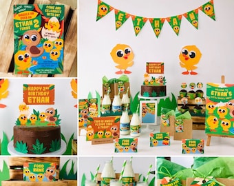 May include: A set of party decorations for a child's second birthday with a duck theme. The decorations include a banner, cupcake toppers, food labels, milk bottle labels, favor bags, and a welcome sign. The colors are yellow, green, brown, and orange.