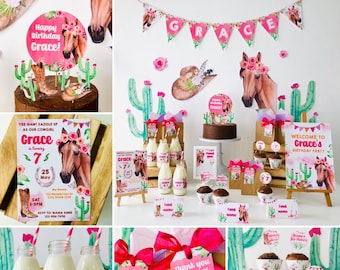 Horse Birthday Party Printables, Cowgirl Theme (Editable Kit)