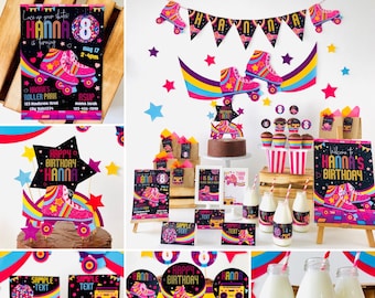 以下が含まれることがあります： ローラースケートをテーマにした誕生日パーティーの飾り付けセット。セットには、バナー、カップケーキの飾り、牛乳瓶のラベル、ウェルカムサインが含まれています。色はピンク、イエロー、ブルー、ブラックです。バナーのテキストは「Hanna」です。ウェルカムサインのテキストは「Hannaの誕生日へようこそ」です。