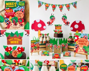 May include: Ant-themed birthday party decorations for a child turning two. The decorations include a banner, cupcake toppers, favor bags, milk bottle labels, and a cake topper. The decorations are red, green, and brown.