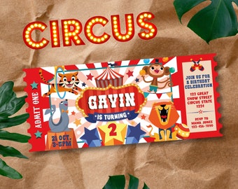 May include: A red and white circus ticket invitation for a birthday party. The ticket says "ADMIT ONE" and "CIRCUS". The ticket has a picture of a circus tent, a tiger, a monkey, a seal, and a lion. The text on the ticket says "GAVIN IS TURNING 2". The ticket also includes the date and time of the party, the address, and the RSVP information.