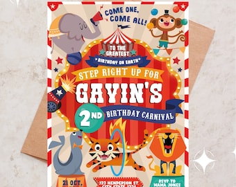 May include: A colourful invitation for a 2nd birthday carnival featuring a red and white striped tent, a tiger jumping through a hoop, a lion, a seal, and a monkey juggling. The invitation reads "Step Right Up For Gavin's 2nd Birthday Carnival".
