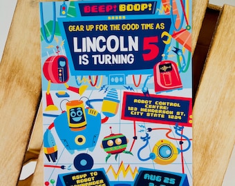 Invitación de cumpleaños con temática de robots, plantilla para fiesta científica (imprimible)