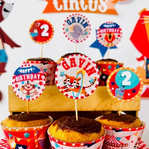 Circusdieren feest cupcake toppers BEWERKBARE afdrukbare | Verjaardag Carnaval Big Top Party Dessert Toppers, Greatest Magic Show Cake Toppers
