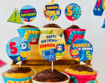 Robots Birthday Cupcake Toppers, Party Decorations (Editable Printable)