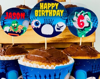 Decorazioni per cupcake a tema "Mostro Golf", stampabili per feste di Halloween (testo modificabile)