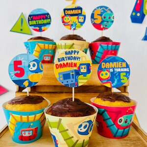 Robots Birthday Cupcake Toppers, Party Decorations (Editable Printable) image 1