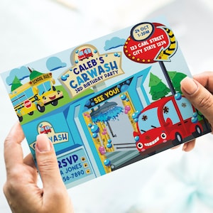 A Car Wash themed birthday invitation for a car wash themed birthday party. The invitation features a cartoon car, a school bus, and a car wash sign that says "Caleb's Carwash 3rd Birthday Party". The invitation also includes the date, time, and address of the party.