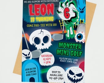 Monster Mini Golf Birthday Party Invitation Editable Printable/ Halloween Monsters Golf Birthday Invitation Editable Printable