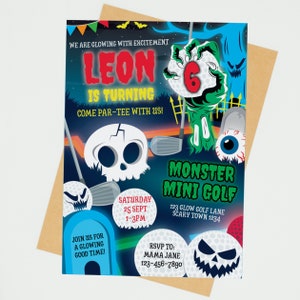 Monster Mini Golf Birthday Invitation/ Halloween Monster Golf Party Invite