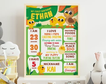 May include: A green and yellow first birthday poster with a chick illustration. The poster says "My First Birthday Ethan" and includes details like weight, height, favorite foods, and nickname. 