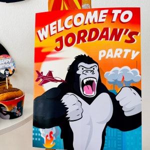 Cartello di benvenuto del Gorilla Party stampabile modificabile / Poster di arredamento per la festa della grande scimmia, Gorilla Jungle Party Decor stampabile