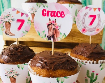 Horse Party Cupcake Toppers & Wrappers, EDITABLE Party Printable
