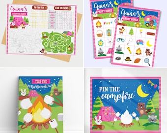 May include: A set of printable camping-themed party games for kids. The games include a camping-themed bingo card, a tic-tac-toe game, a find the word game, a toss the marshmallows game, and a pin the campfire game.