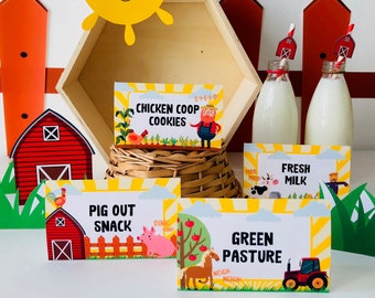 Etiquetas para comida de fiesta campestre, tarjetas de mesa con temática de granja (editables e imprimibles)
