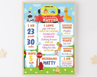 Wheels on the Bus Milestones Chalkboard/ Yellow School Bus First Birthday Milestone Board Baby Keepsake Editable Party Printable