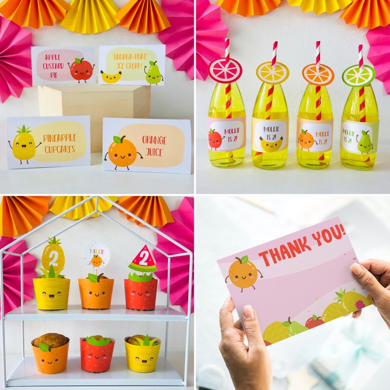 Fruit themed birthday party decor kit printable with pineapple, strawberry and orange designs styled for a bright kids party table