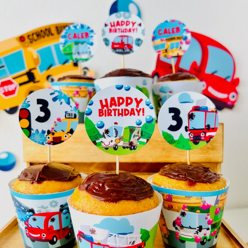 Car Wash Transportation Party Cupcake Toppers/ Carls Car Wash Vehicles Party Decorations