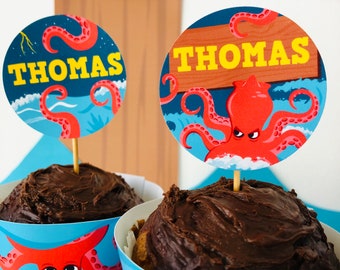 Kraken Cupcake Toppers, Editable Sea Monster Party (Digital Download)
