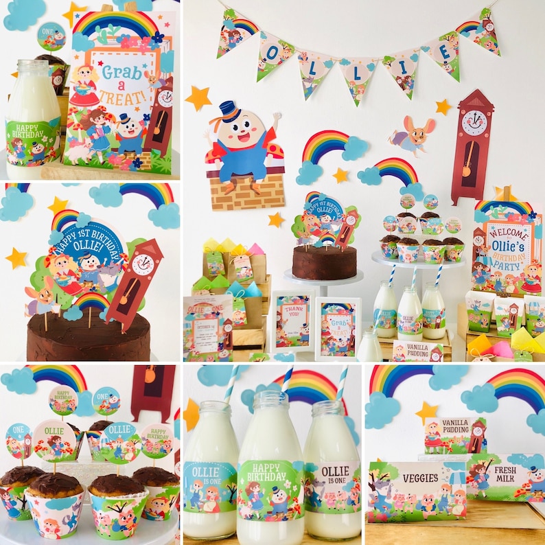 May include: A collection of party decorations with a Humpty Dumpty theme. Includes a cake, cupcakes, milk bottles, banners, and signs with the text "Happy Birthday Ollie" and "Grab a Treat!" in a colorful, whimsical design.