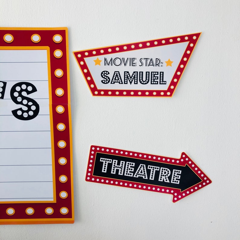Personalized Movie Star Sign with retro marquee design, editable Hollywood movie night party direction sign for kids birthday celebrations