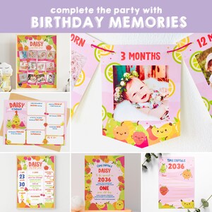May include: A set of printable birthday party decorations featuring a fruit theme. The decorations include a banner with photos, a time capsule, and a milestone chart. The decorations are pink, yellow, and green with a cute cartoon fruit design.