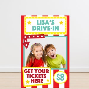 Movie Night Ticketing Booth Photo Prop with personalized marquee frame for Hollywood movie night party and kids cinema birthday photo booth