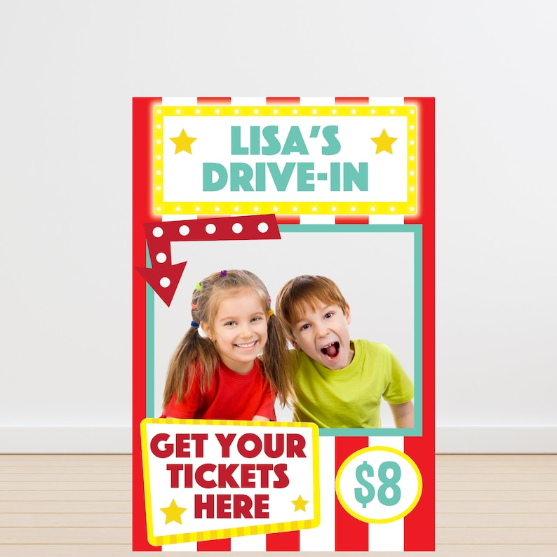 Movie Night Ticketing Booth Photo Prop with personalized marquee frame for Hollywood movie night party and kids cinema birthday photo booth