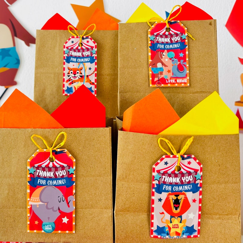 Circus Animals Party Favors Gift Tags Printable | Birthday Carnival Party Tags, Greatest Show, Circus Big Top Party Gift Labels, Carnival Party Favors
