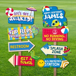 Summer Pool Party Directional Signs Party Decorations/ Water Slide Beach Birthday Party Signs/ Beach Party Decorations