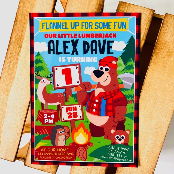 Lumberjack Birthday Invitation Editable Printable/ Little Lumberjack Bear Plaid Party Invite ...