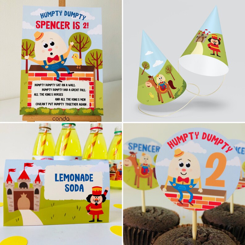 May include: Humpty Dumpty themed party decorations, including a sign with the text "Humpty Dumpty Spencer is 2!" and a cupcake topper with the text "Humpty Dumpty 2".