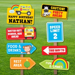 Yellow School Bus Party Directional Party Signs
