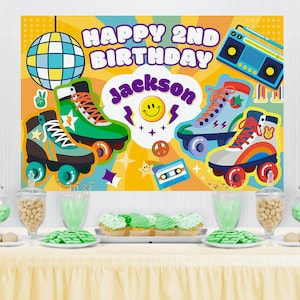 Roller Skating Party Birthday Backdrop EDITABLE Printable | Rollerblade Party, Roller Disco Skate, 70s Retro Roller Rink Party Banner