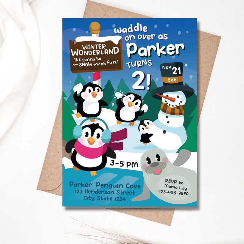 Penguin Birthday Invitation/ Winter Wonderland Christmas Party Invitation Printable