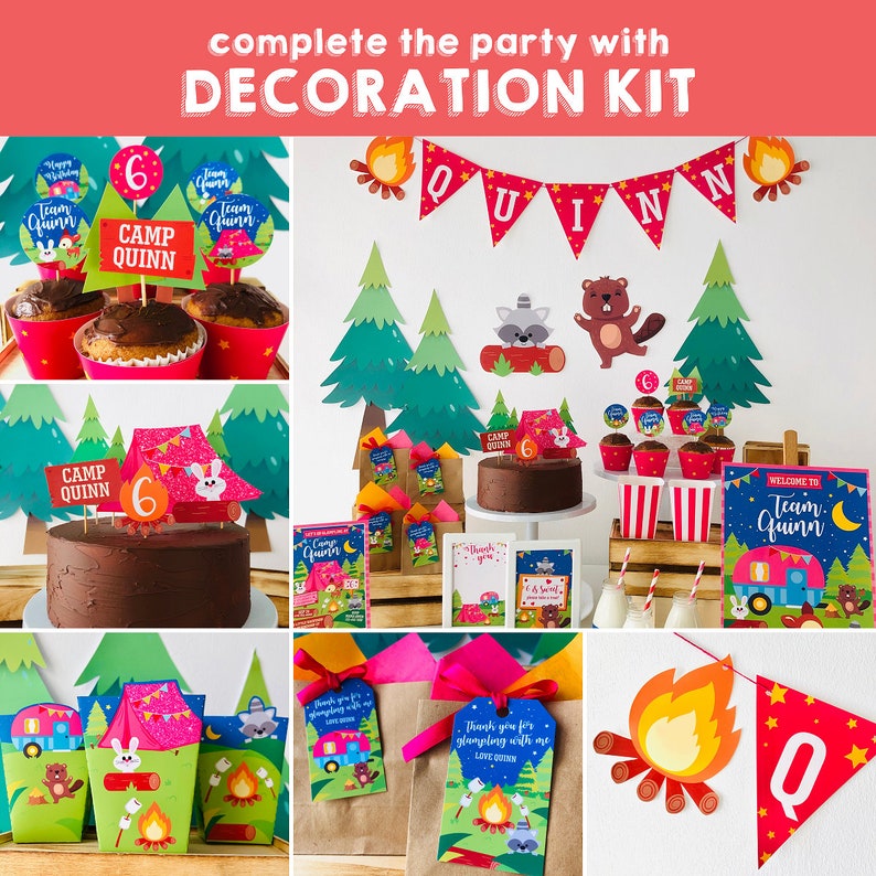 May include: A camping themed party decoration kit with a red and white banner that says "QUINN", a welcome sign that says "Welcome to Team Quinn", and a variety of other decorations, including a cake, cupcakes, and favour bags.