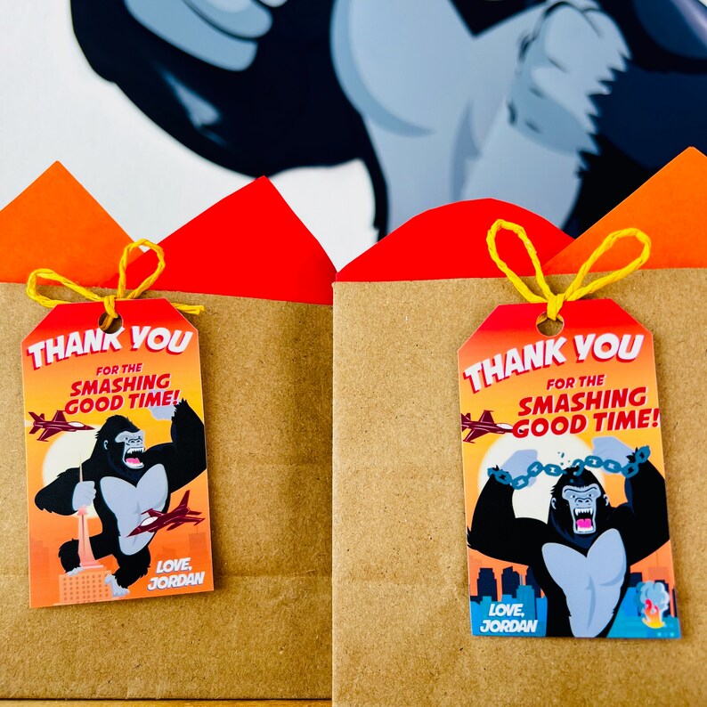 King Kong Party, Planet of the Apes Party, Kong Skull Island Party, Legend of Tarzan, Rampage Movie Party, Black Gorilla Themed Birthday Party Decorations, Kingdom of the Apes | King Kong Party Favors, Gift Tags, Favor Tags, Labels