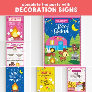 May include: A set of printable camping themed party signs. The signs feature illustrations of a campfire, a camper, and a raccoon. The text on the signs includes "Let's Have S'more Fun!" "Welcome to Team Quinn" "S'mores Menu" "Life is Better Around the Campfire" "Roast a Marshmallow & Party S'more" and "Make Your Own Trail Mix Bar".