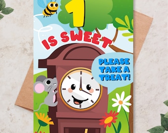 May include: A colorful birthday card with a cartoon clock, a mouse, a bee, and flowers. The card says "1 is sweet" and "Please take a treat!"