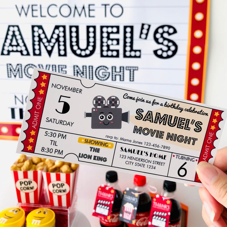 Editable Retro Movie Ticket Invitation for Movie Night Party, Hollywood cinema birthday party invite with drive in movie theme printable