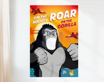 May include: A red, orange, and yellow game board with a cartoon gorilla with a large mouth and the text "Roar on the Gorilla" and "Pin the Mighty".