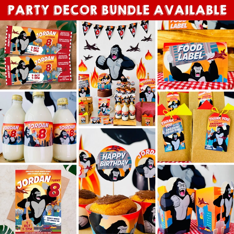 King Kong Party, Planet of the Apes Party, Kong Skull Island Party, Legend of Tarzan, Rampage Movie Party, Black Gorilla Themed Birthday Party Decorations, Kingdom of the Apes | King Kong Party Favors, Gift Tags, Favor Tags, Labels