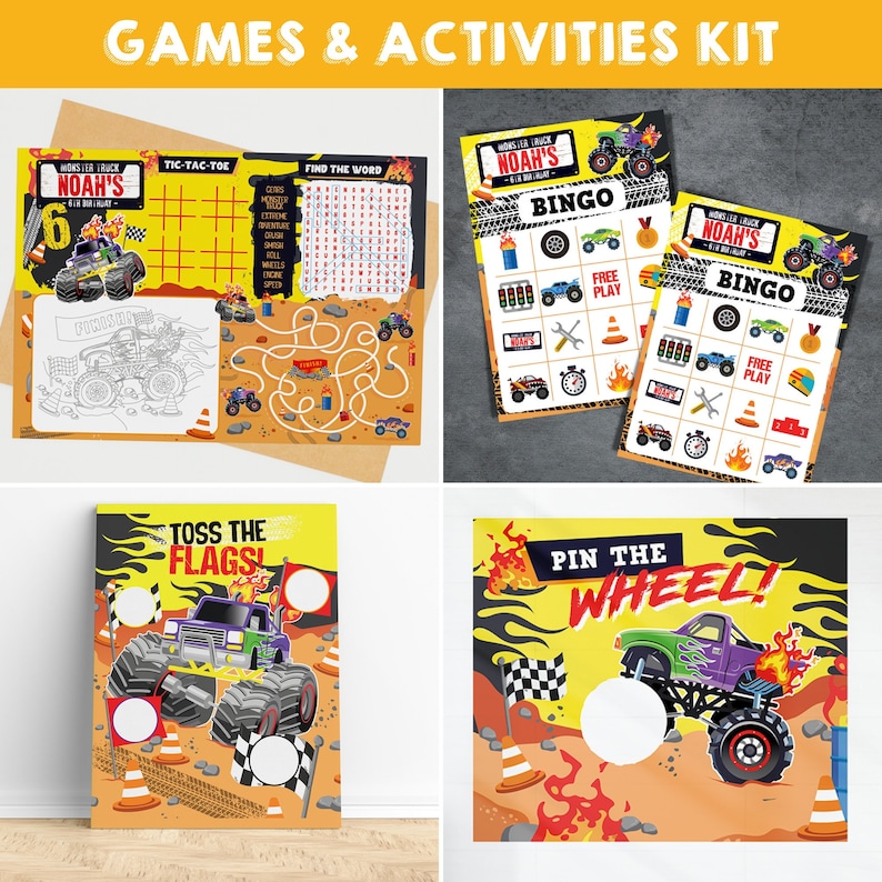 Monster Truck Party Game Activity Sheet Coloring Placemat Monster Jam Party Pin the Wheel Game Bingo Game Tossing Game